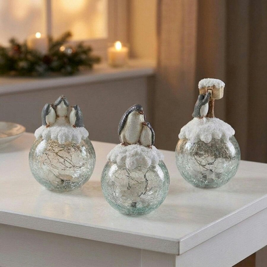 Garden Greatness Three Penguins On Light Up Globes Ornament