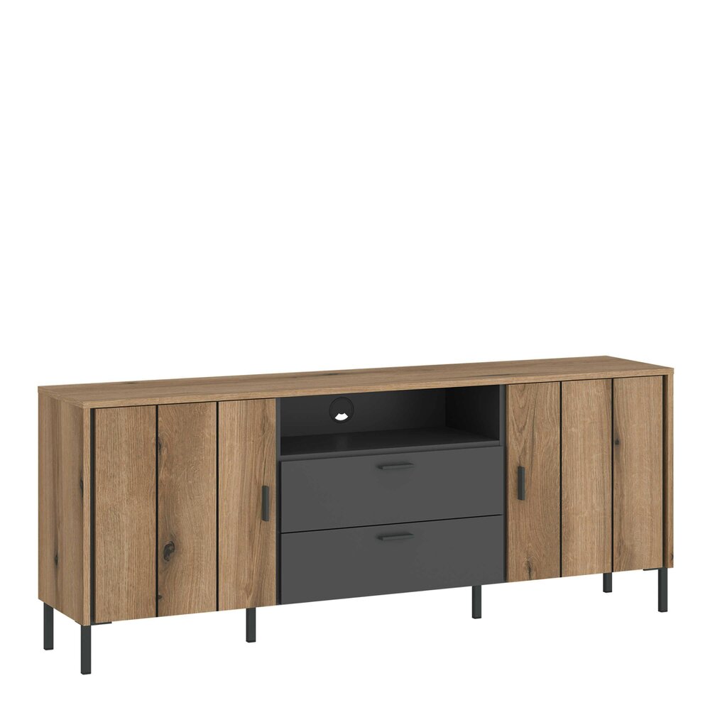 Wyld Haus Nightbloom 158cm Grey and Oak Wood Effect Panelled TV Cabinet 2 Door 2 Drawer