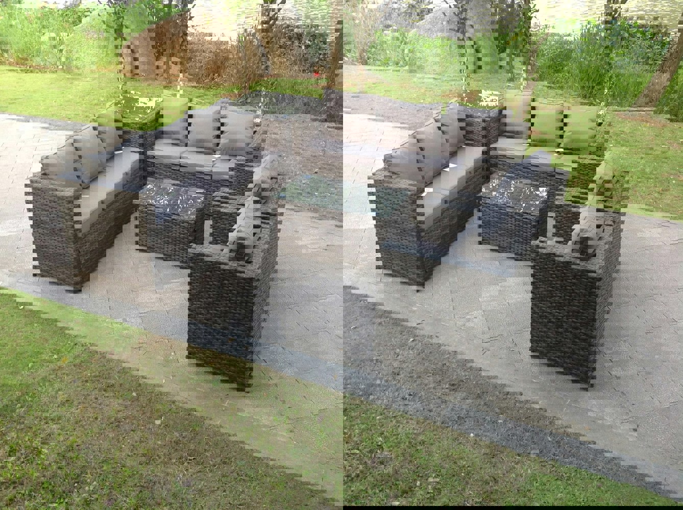 Fimous 8 Seater Outdoor Rattn Garden Furniture Sofa Set Rectangular Coffee Table Lounge Sofa Chair With Side Coffee Table