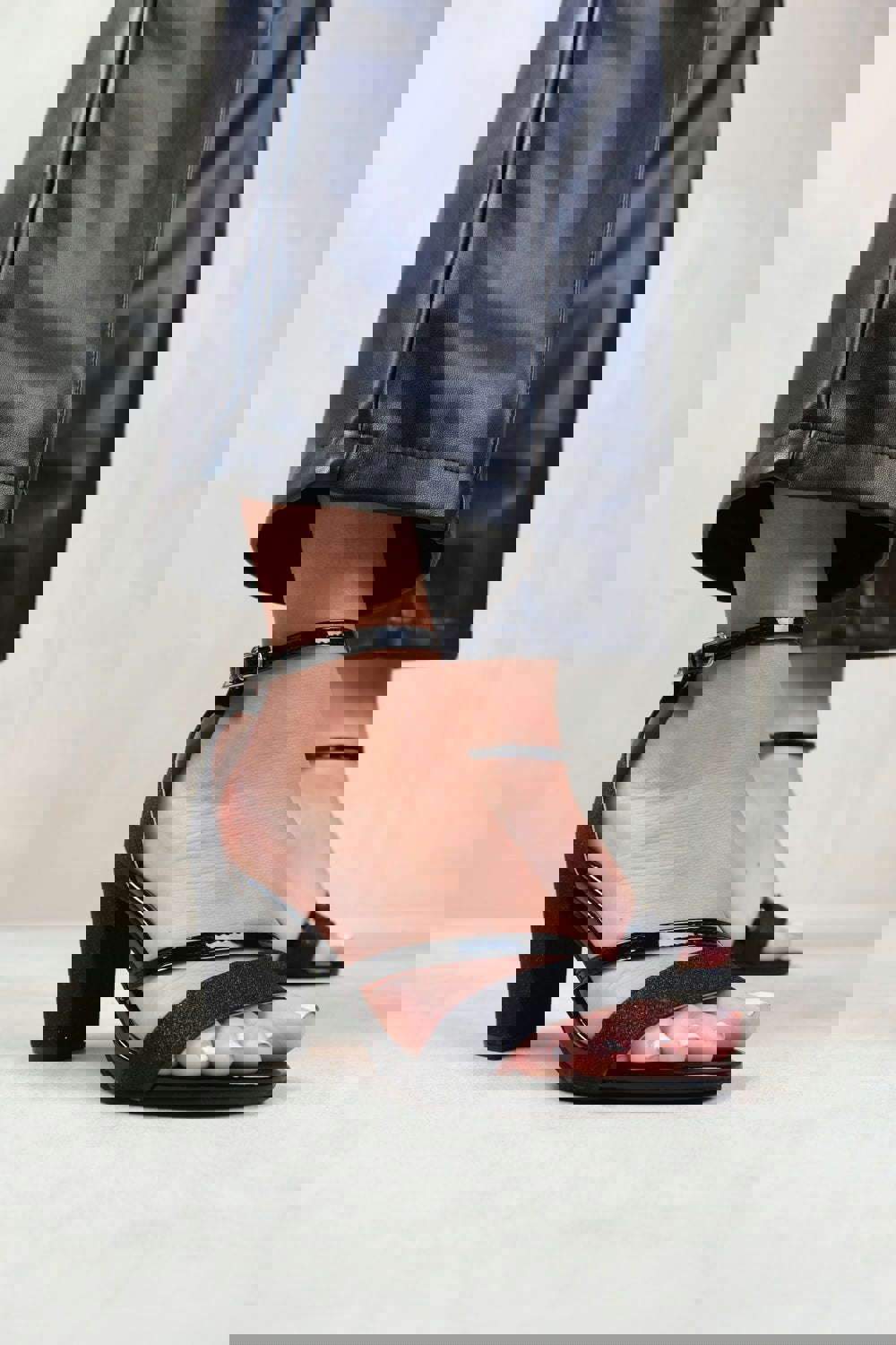 Where's That From Perla Mid High Block Heel Sandals With Ankle Strap in Black Glitter