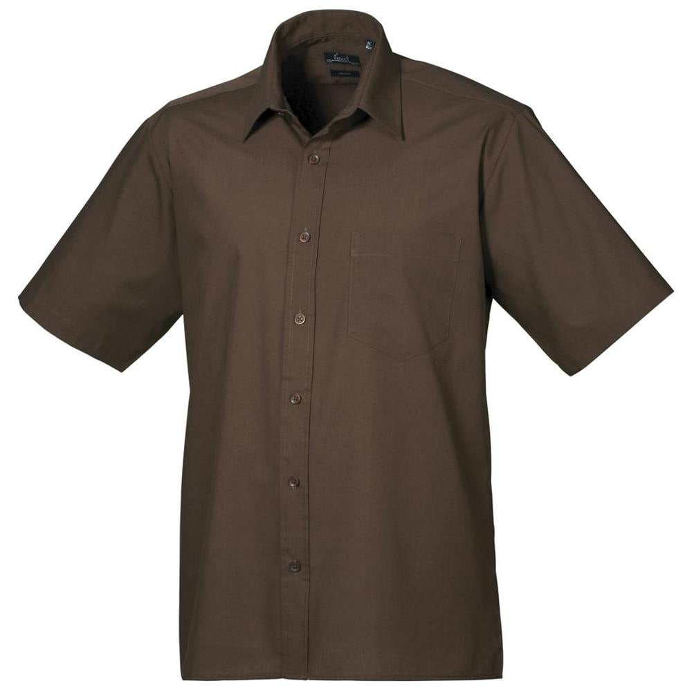Premier Mens Short Sleeve Formal Poplin Plain Work Shirt - Brown - Brown - 65% Polyester/35% Cotton
