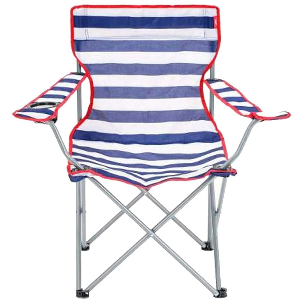 1 x Red & Blue Striped Foldable Outdoor Garden Camping Chairs With Cup Holder & Arm Rest