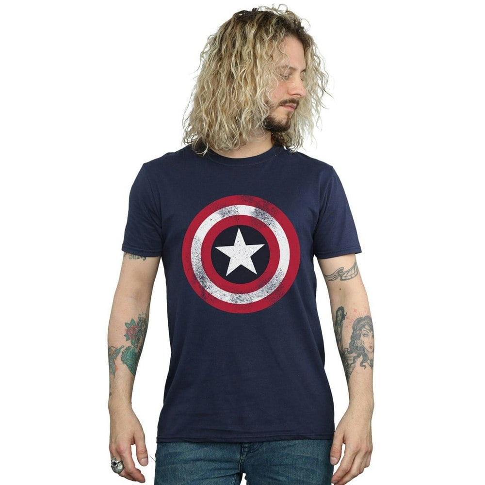 Marvel Mens Captain America Distressed Shield T-Shirt - Navy Blue
