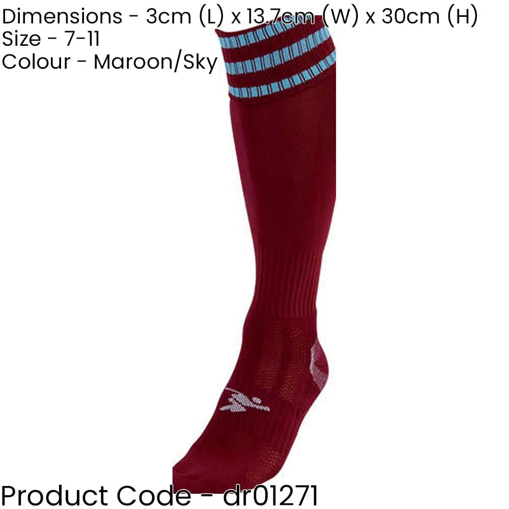 ADULT Size 7-11 Pro 3 Stripe Football Socks - MAROON/SKY BLUE - Contoured Ankle