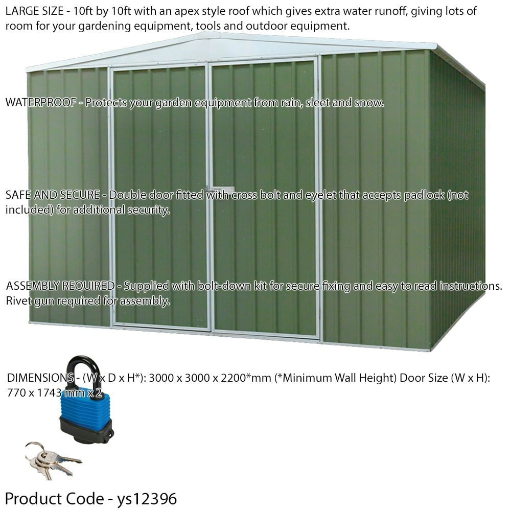 300x300cm Galvanised Steel Garden Shed - Outdoor Metal Storage & Padlock - Green - LoopsDirect