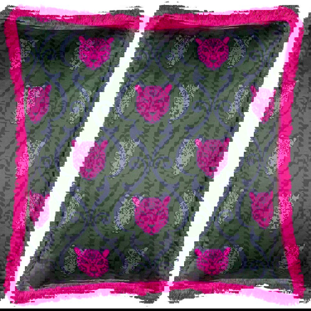 Paoletti Lupita Fringed Cheetah Cushion Cover - Emerald/Pink