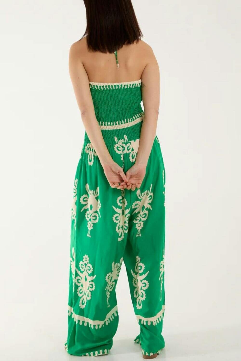 Hoxton Gal Oversized Tie Neck Printed Jumpsuit in Green and White