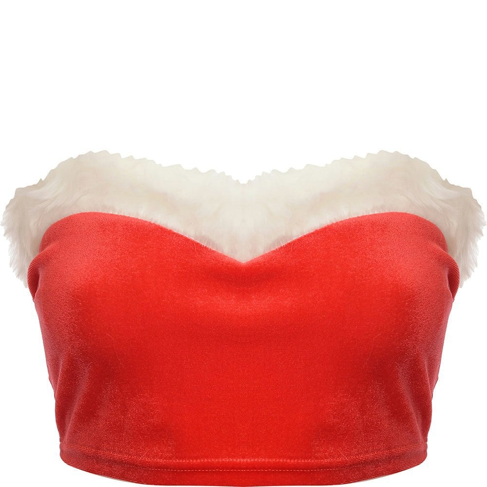 Threadbare Womens Santa Christmas Velour Bandeau Crop Top With Faux Fur Trim In Red