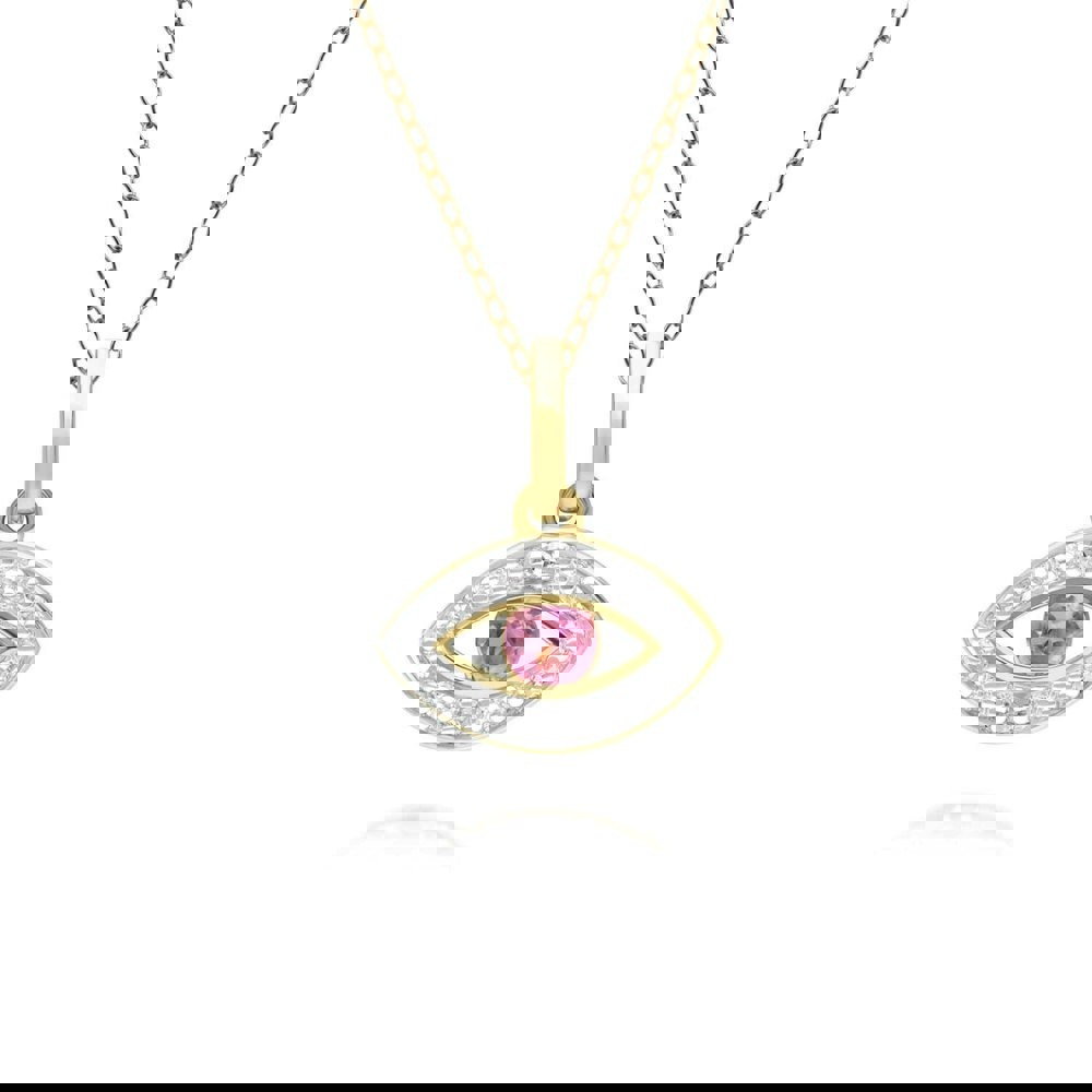 135P2101019 ECFEW™ Dainty Evil Eye Pink Tourmaline & Diamond Pendant in 9ct Yellow Gold Front