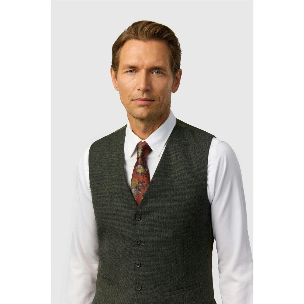 Ted Baker Tailored Fit Olive Texture Puppytooth Waistcoat
