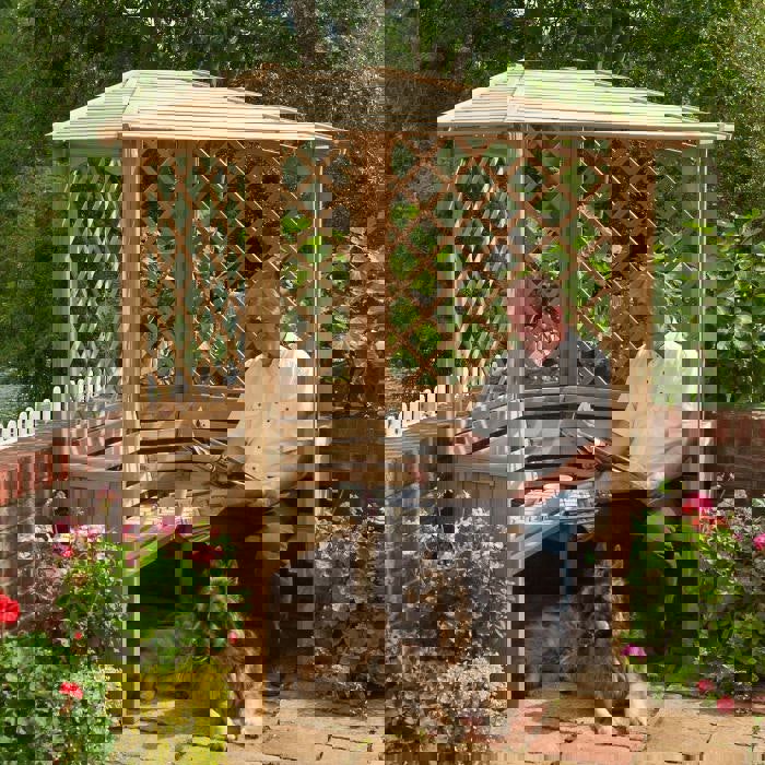 Corner Garden Arbour with Slanted Roof and side trellis, Tanalised Timber