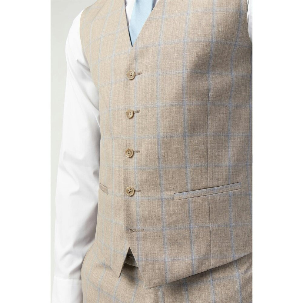 Alexandre Silver Alexandre Slim Fit Italian Oatmeal Blue Check Waistcoat