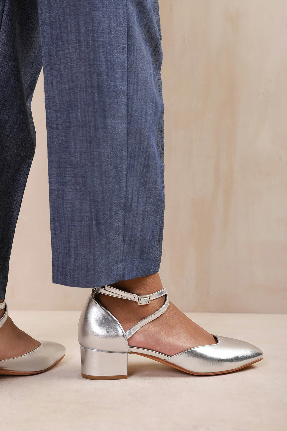 Where's That From Peru Cross Over Ankle Strap Low Block Heel in Silver