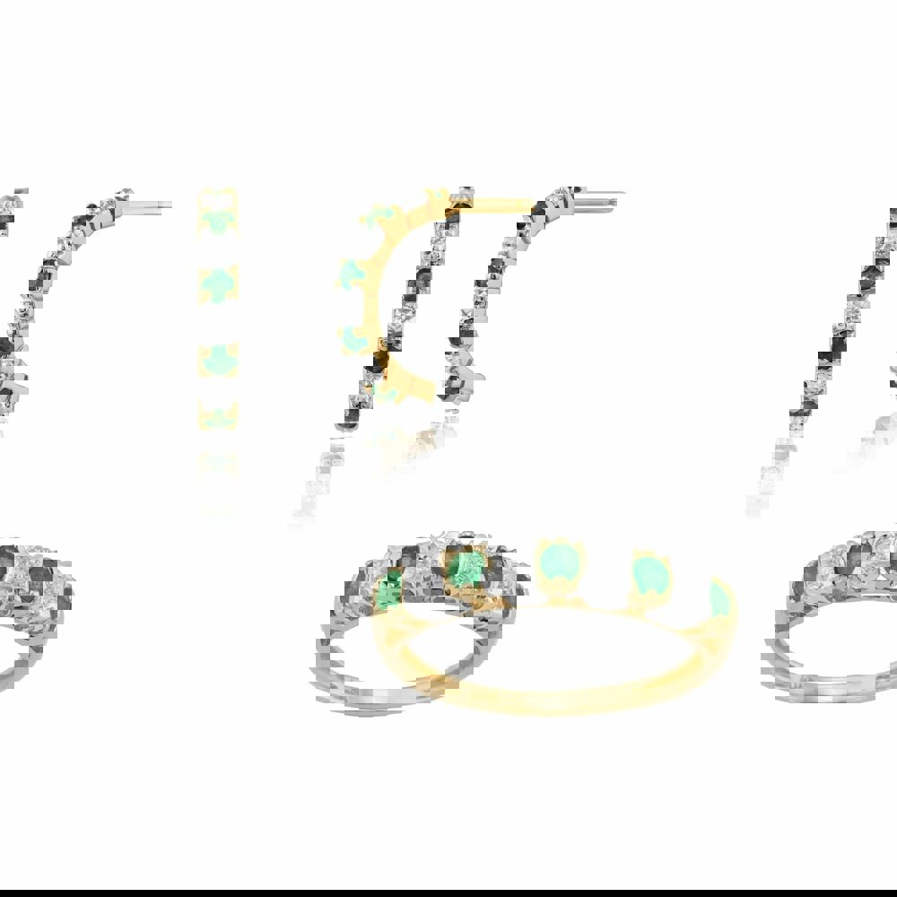 181E0763019-11204 Classic Round Emerald & Diamond Half Hoop Earrings & Half Eternity Ring Set in 9ct Yellow Gold 1