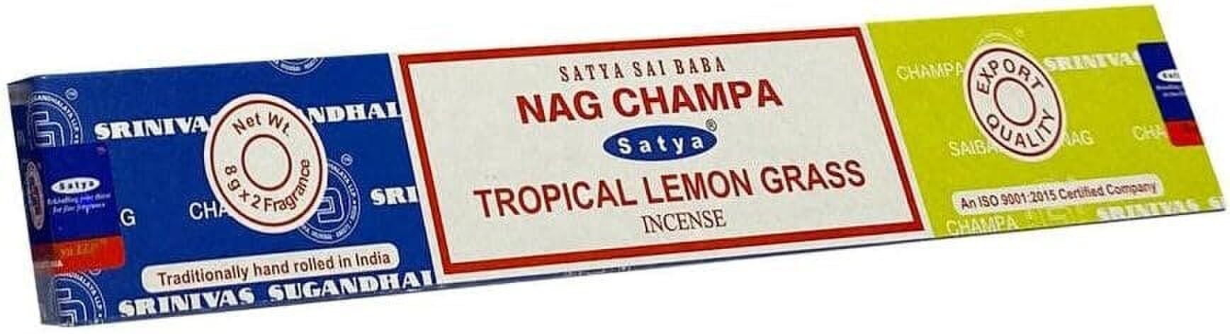 Satya Nag Champa & Tropical Lemongrass Incense Sticks Set, 12 x 16g Packs