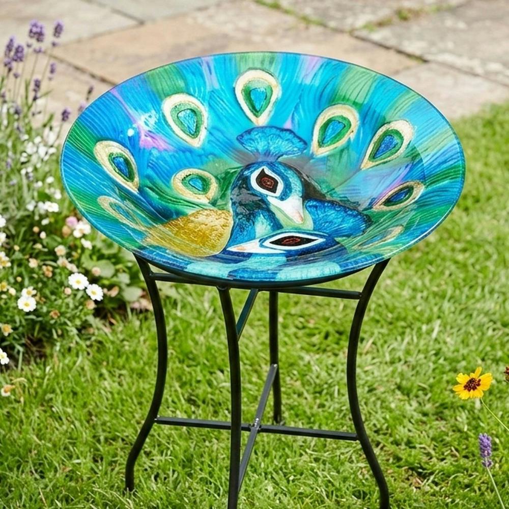 Garden Greatness Haxon Painted Peacock Glass Birdbath