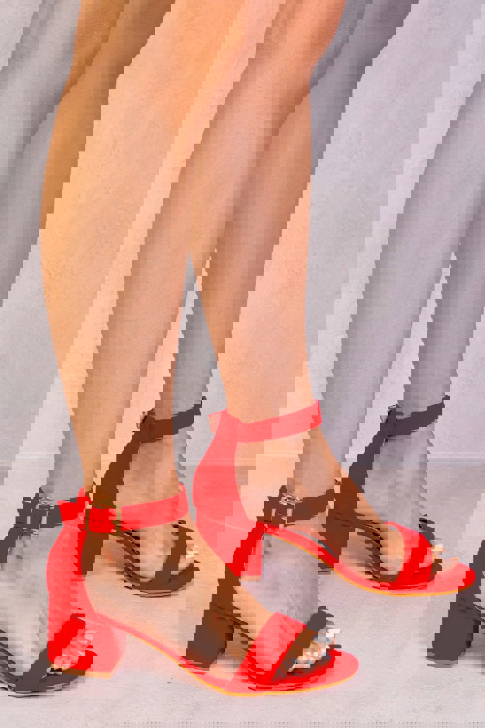 Where's That From Emani Strappy Mid High Block Heels Peep Toe in Rouge Red Suede