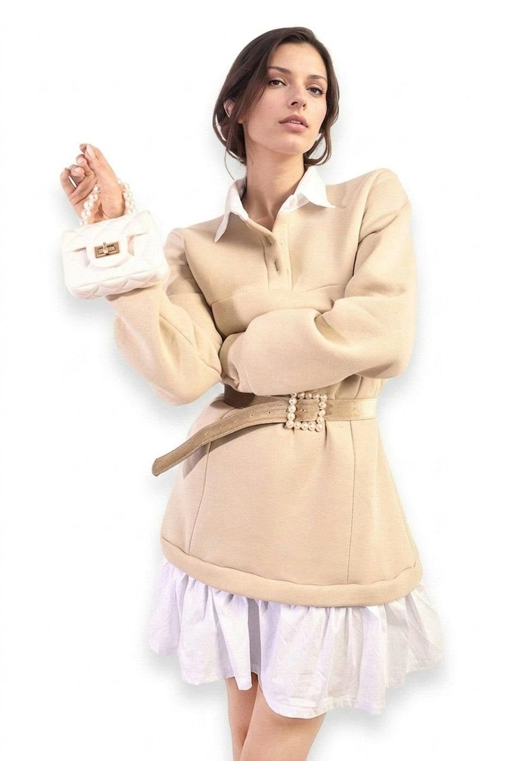 Kayla Collared Long Sleeve Mini Dress - Beige_wb