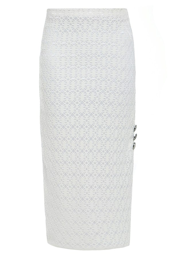 a White Lace Bodycon Skirt with buttons from Sarvin.