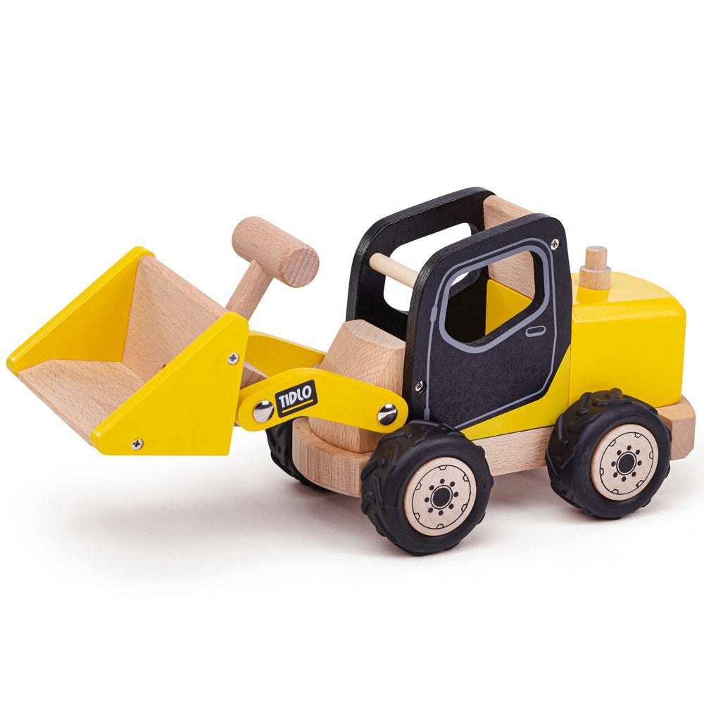 Tidlo Wooden Yellow Front End Loader Toy With Chunky Rubber Tyres & Bucket With Handle