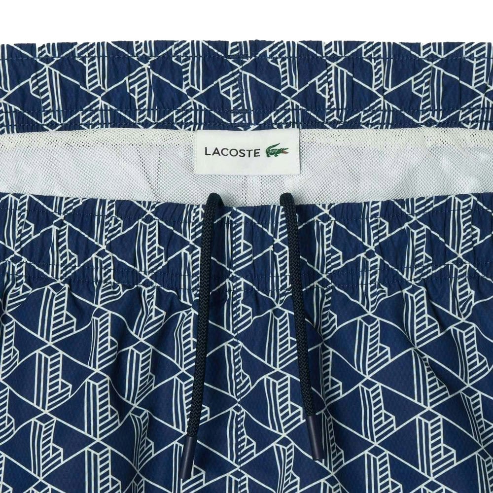 Lacoste Mens Monogram Mid Length Swimming Trunks - Navy Blue/Green