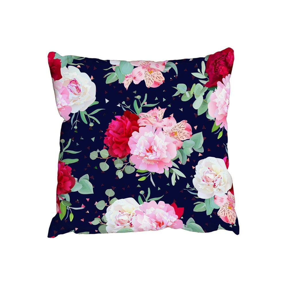 New Product Navy floral print with burgundy red and pink peony (Cushion)  - Andrew Lee Home and Living