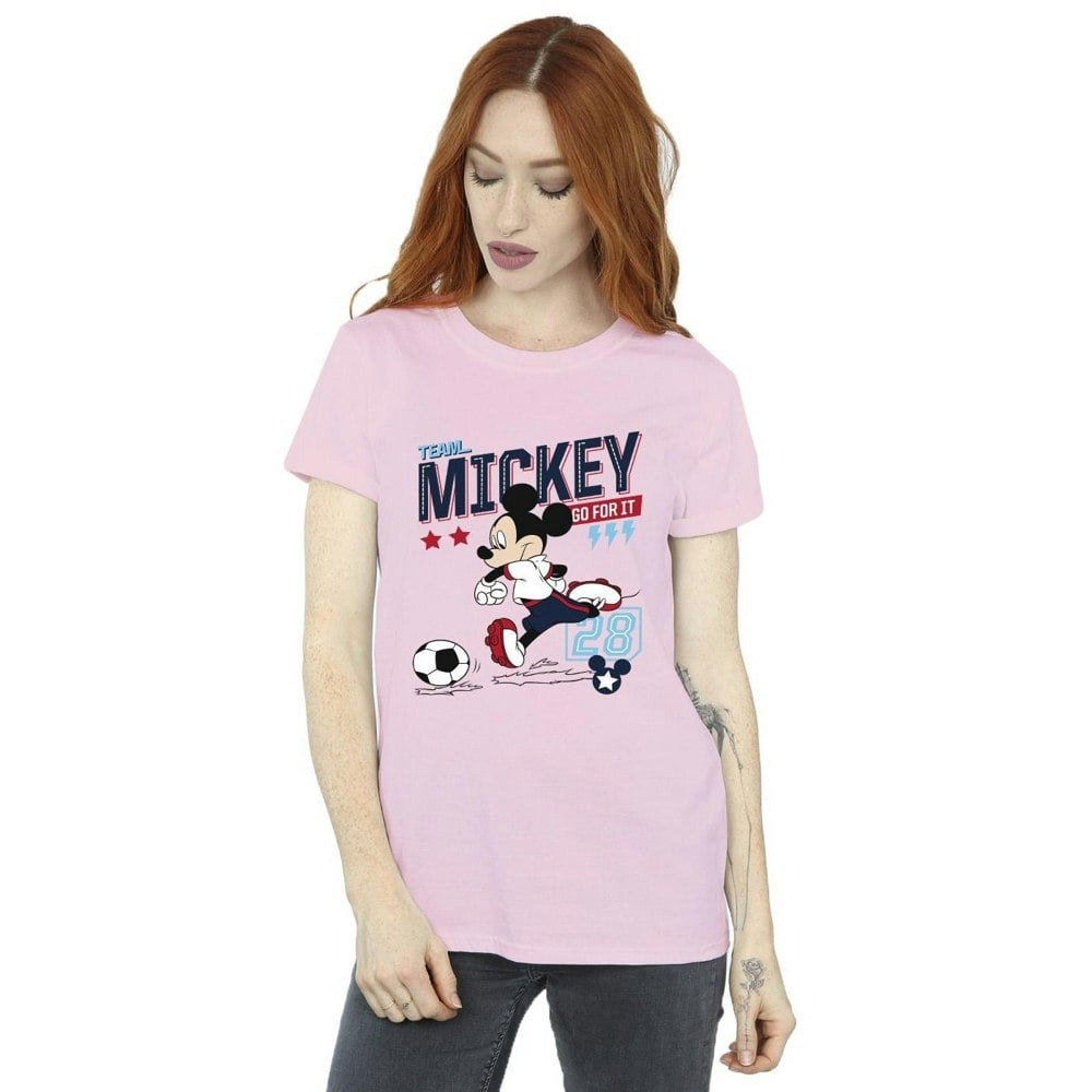 Disney Womens/Ladies Mickey Mouse Team Mickey Football Cotton Boyfriend T-Shirt - Baby Pink