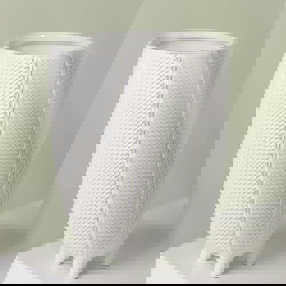 Leaf Tall Ceramic Planter Plant Pot With Feet White Stripe 15 x 15 x 19cm