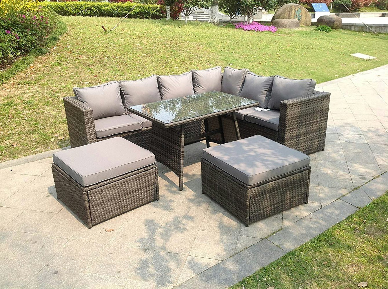 Fimous 8 Seater Grey Rattan Corner Sofa Set Dining Table 2 Big Footstool Garden Furniture Outdoor With Clear Tempered Glass