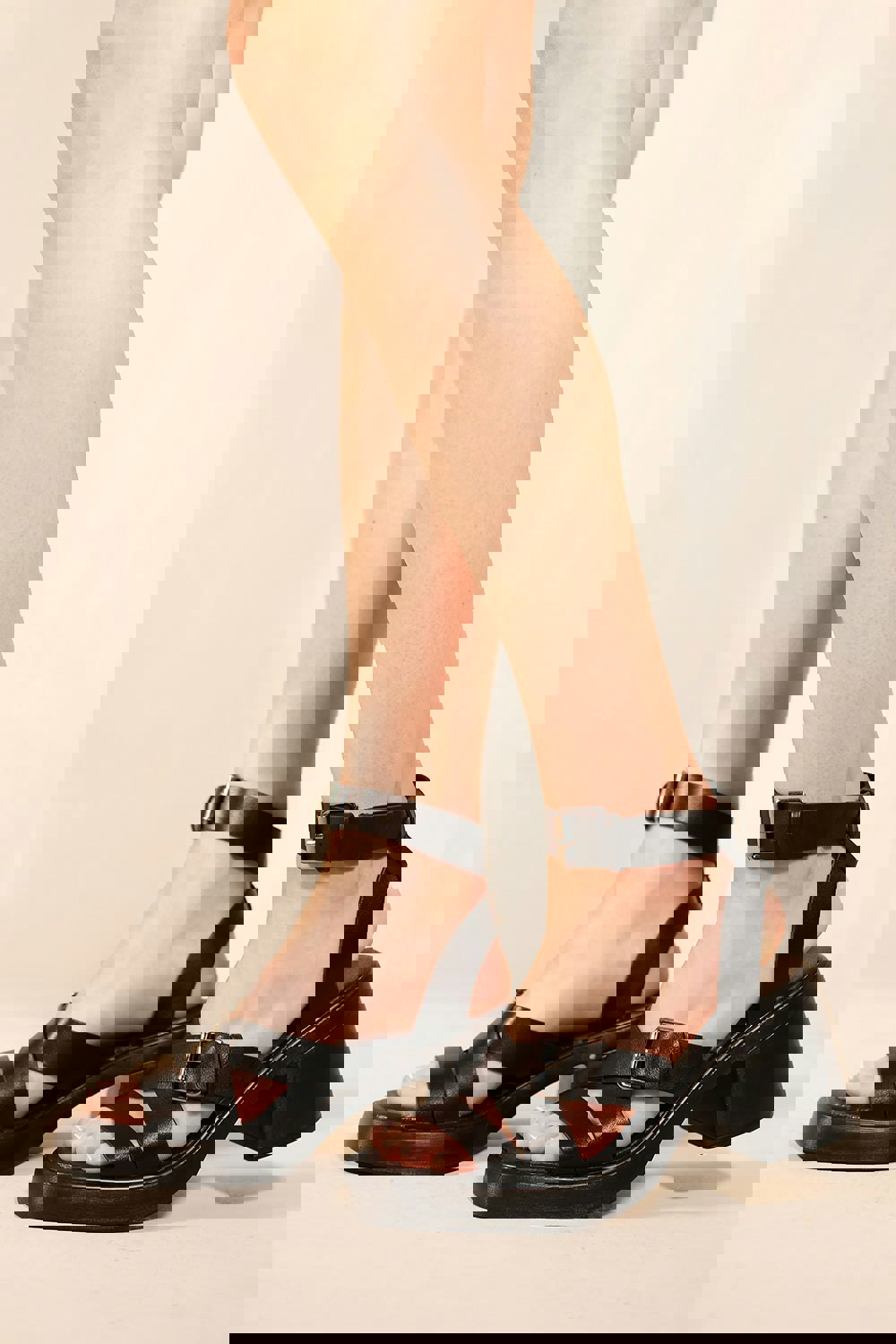 Where's That From Tereza Mid High Block Heel Sandals With Buckle Detail in Black Faux Leather
