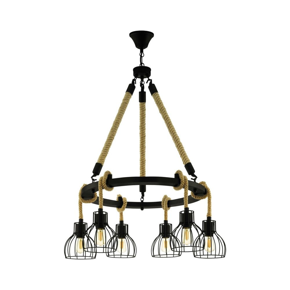 Hanging Ceiling Pendant Light Black & Rope 6x E27 Hallway Feature Chandelier Loops