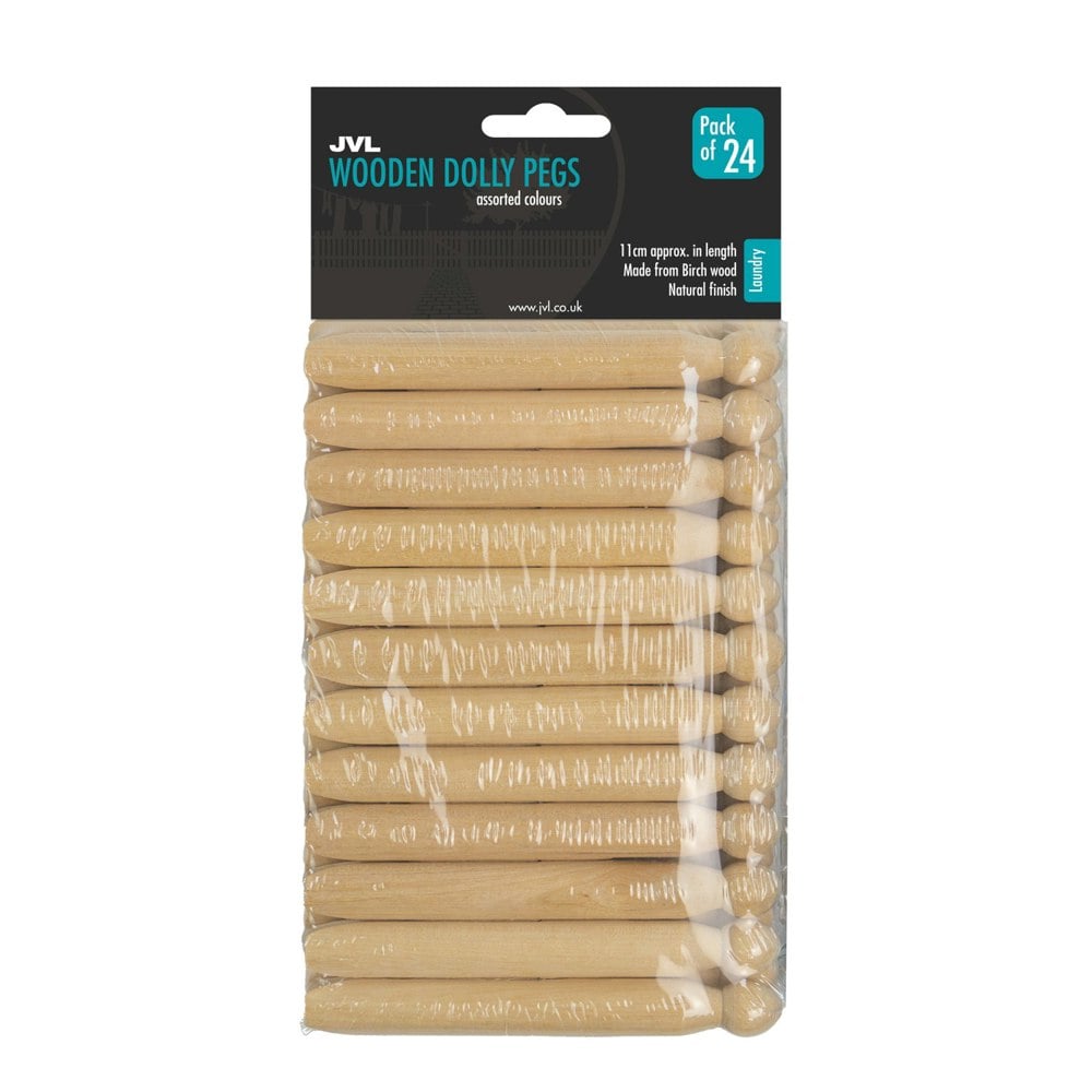JVL Traditional Wooden Dolly Pegs, Ideal for Laundry and Craft, Pack of 24, Brown