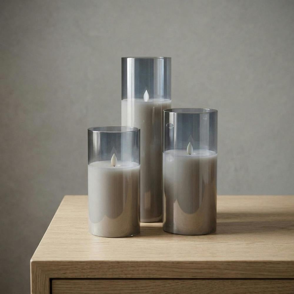 Garden Greatness Set of Three Grey Glass LED Pillar Candles
