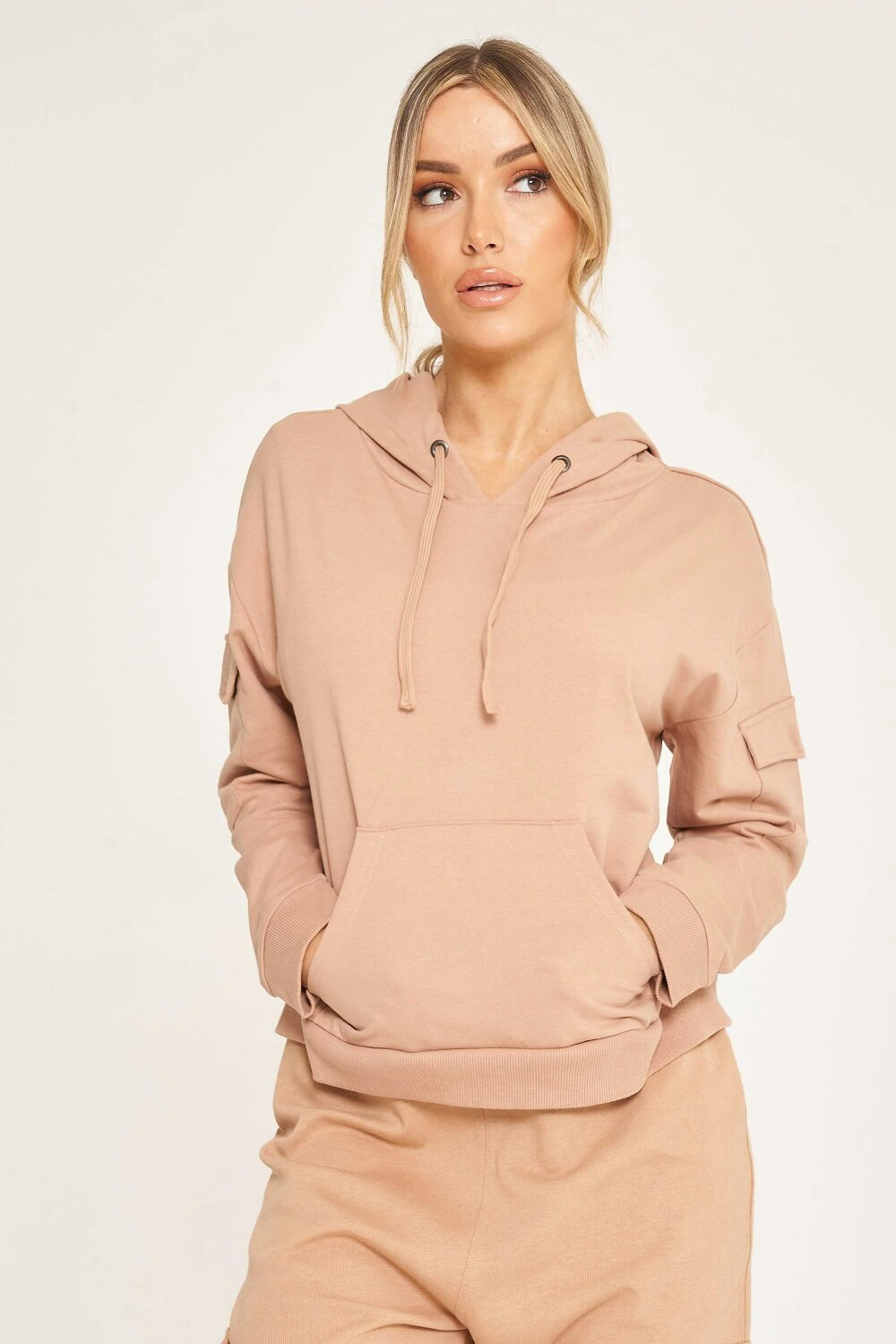 Elaina Fashion Women's Camel Short Hoodie Sweatshirt - Camel - 80% cotton, 20% polyester
