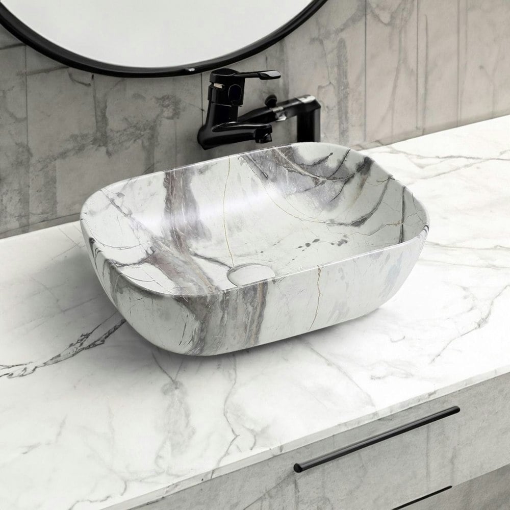 Limoge 7840 Ceramic Oblong Countertop Basin in White Marble Effect