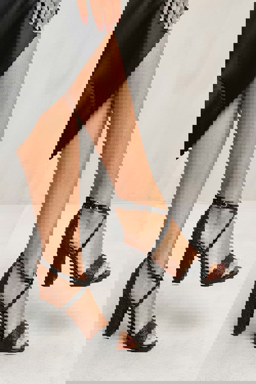 Where's That From Londyn High Block Heel Sandals With Cross Over Ankle Strap in Black