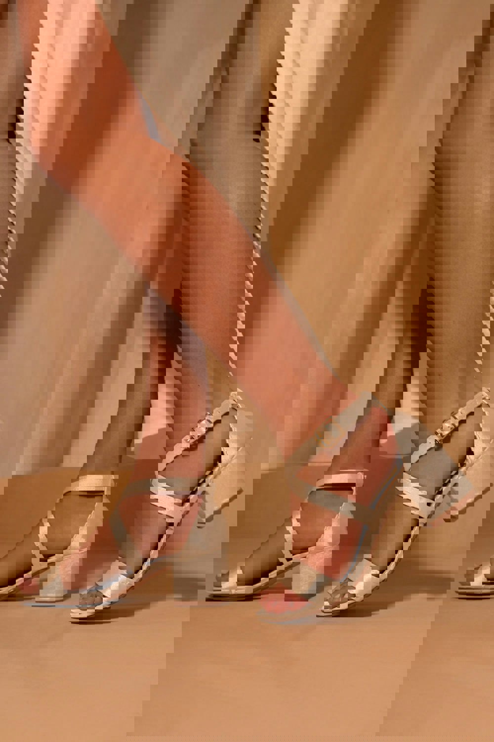 Where's That From Amber Strappy Mid High Block Heels Peep Toe in Off White Silk