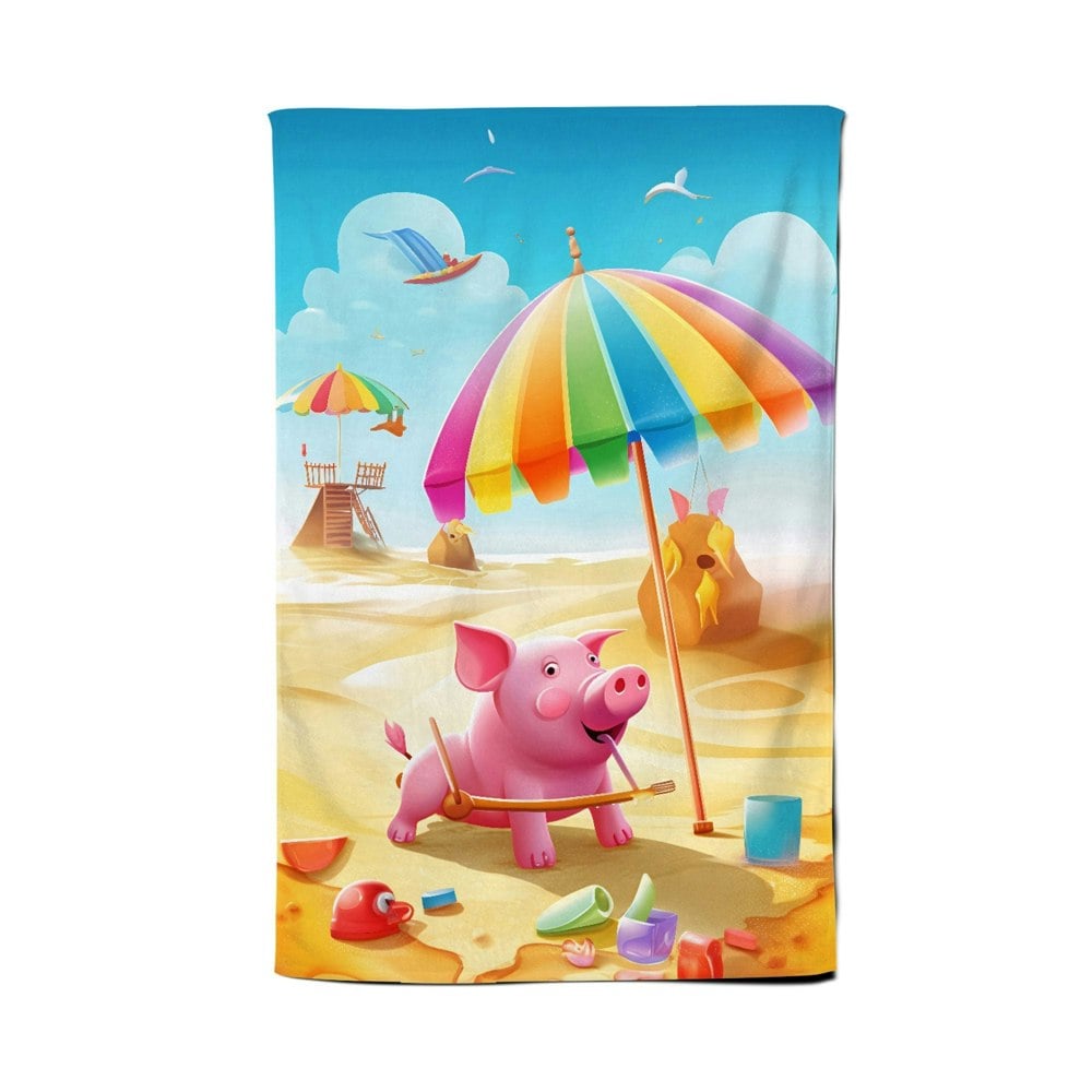 Warren Reed Pig On A Beach Holiday Tea Towel