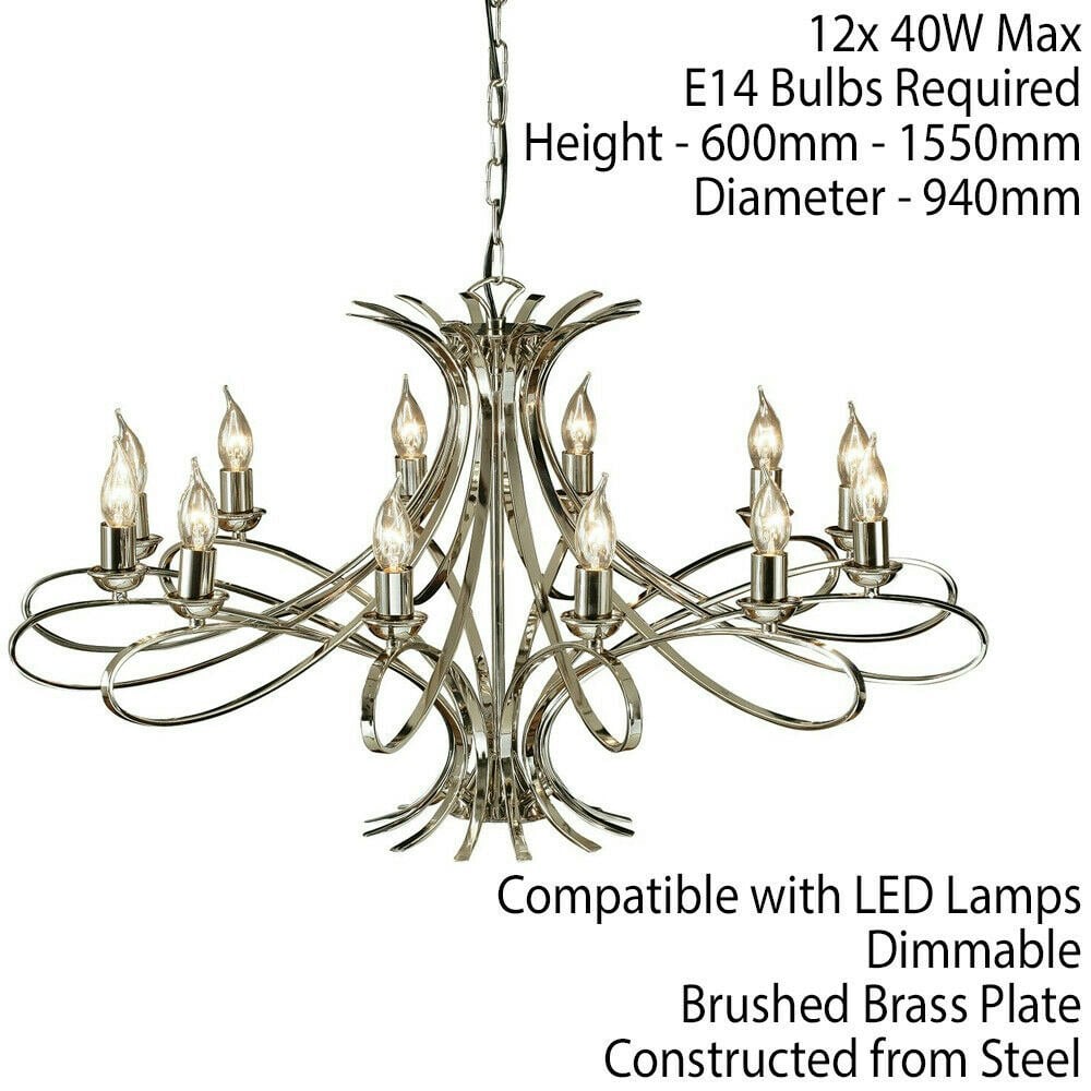 Eaves Hanging Ceiling Pendant Chandelier 12 Lamp Polished Nickel Curve Arm Light Loops