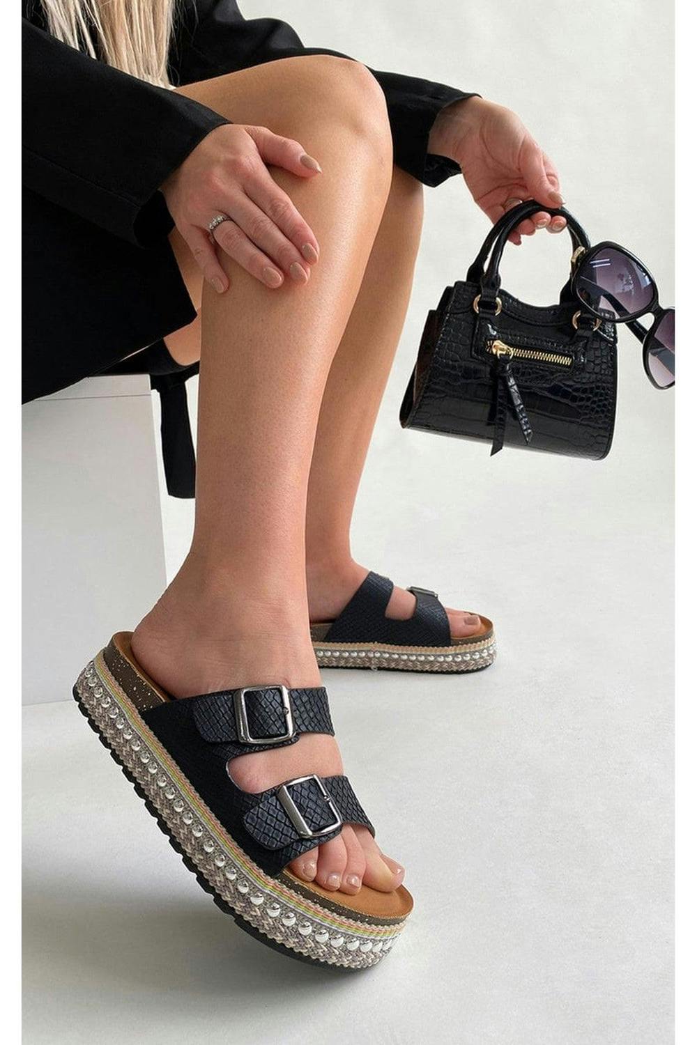Kylie Embellished Buckle Sandals - Black