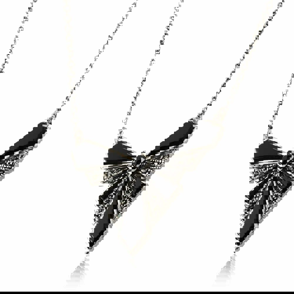214N495801925 Art Deco Style Black Onyx Cabochon & Marcasite Necklace in 925 Sterling Silver 2