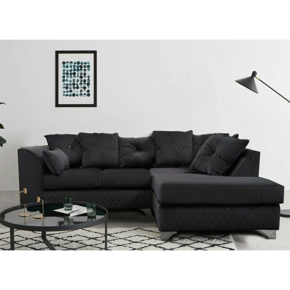 Victoria Modern Plush Velvet 4 Seater Corner Sofa - Black