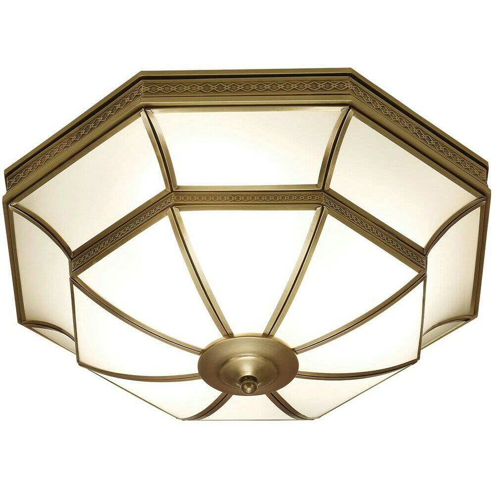 Luxury Flush Ceiling Light Antique Brass & Frosted Glass Traditional Feature Loops