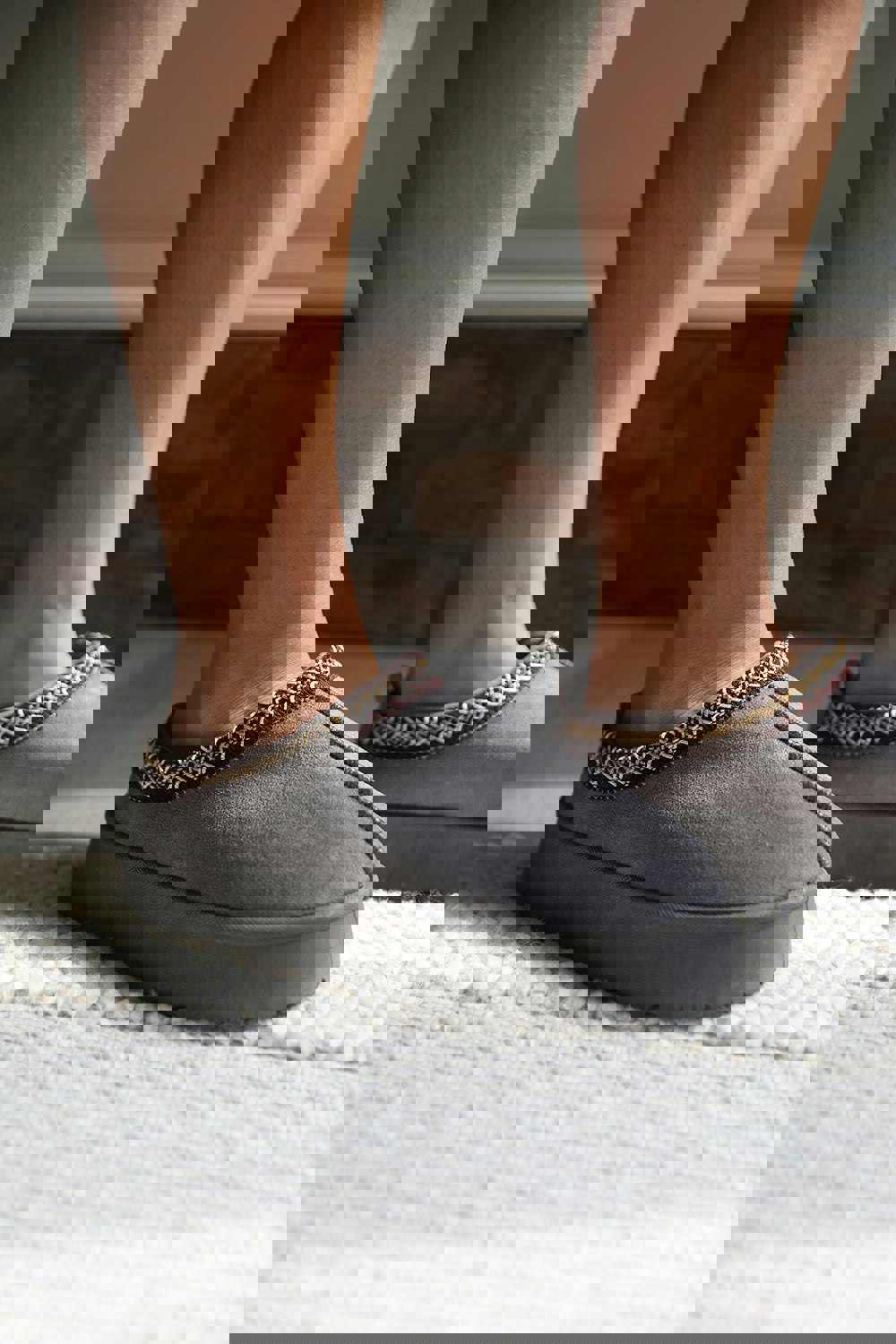 Where's That From Allegra Flatform Embroidered Low Ankle Slipper Boots in Light Grey Suede