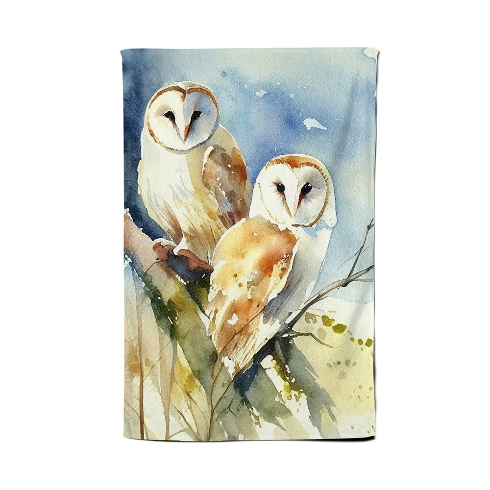Warren Reed Barn Owls Watercolour Tea Towel