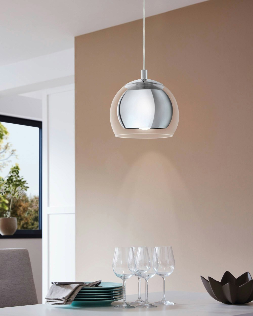 EGLO Rocamar 1-Light Chrome Hanging Pendant Light With An Outer Glass Shade