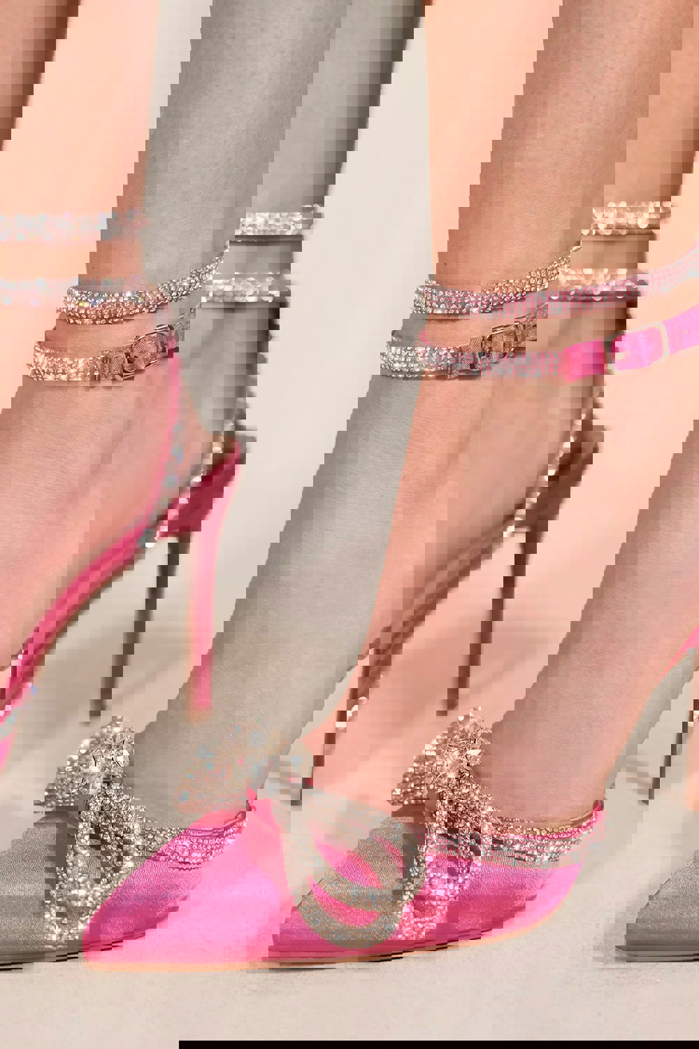 Where's That From Fanen Pointed Toe High Heels With Diamante Bow & Ankle Strap in Fuchsia Pink Silk
