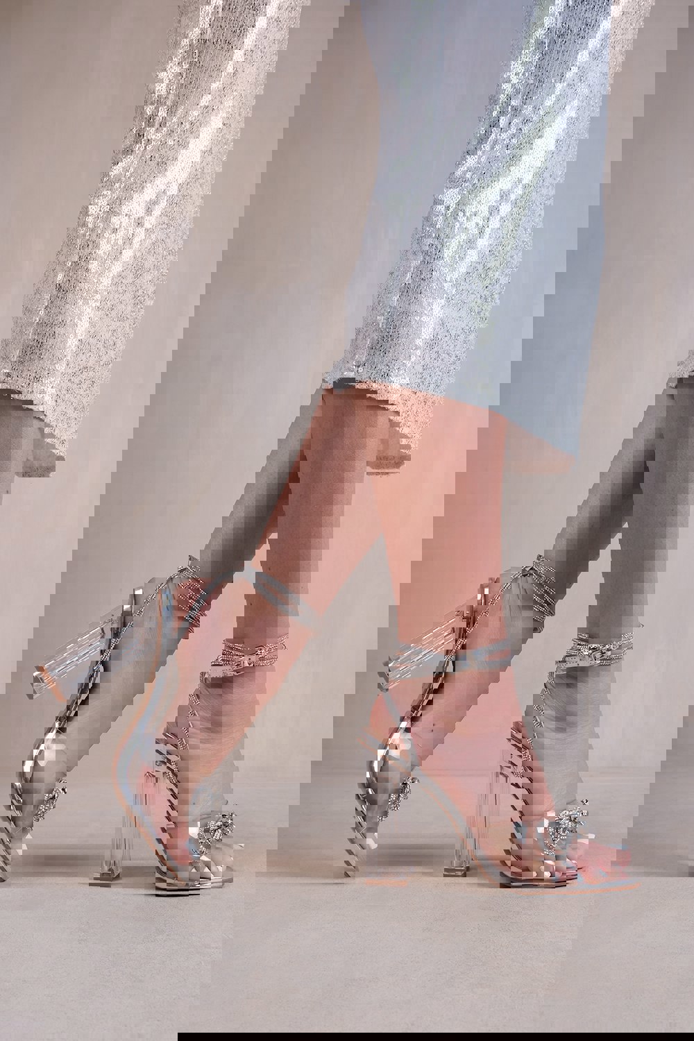 Where's That From Vaughin Perspex Block Heels With Diamante Bow & Ankle Tie in Moon Silver