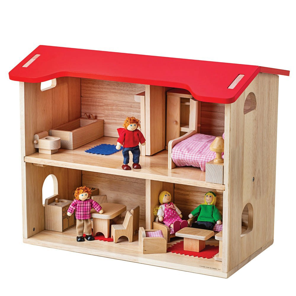 Bigjigs Toys Wooden Dolls House, With Furniture And Family Of 4