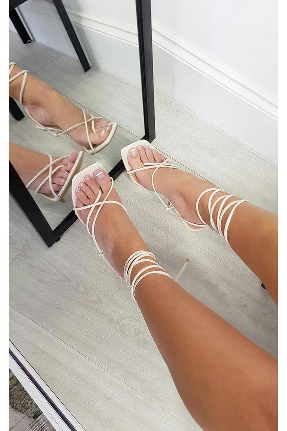 Tina Square Toe Strappy High Heels - Cream